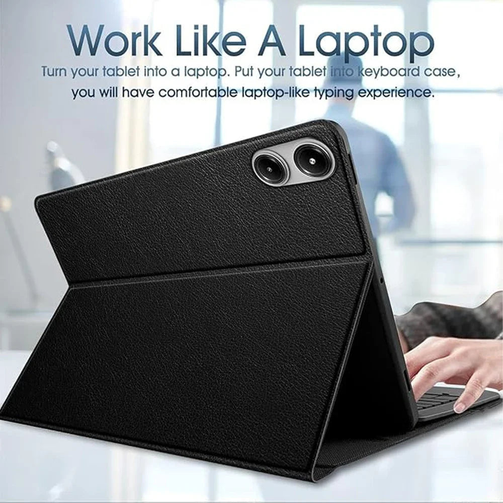 Black keyboard case for a tablet, designed to provide a laptop-like typing experience.