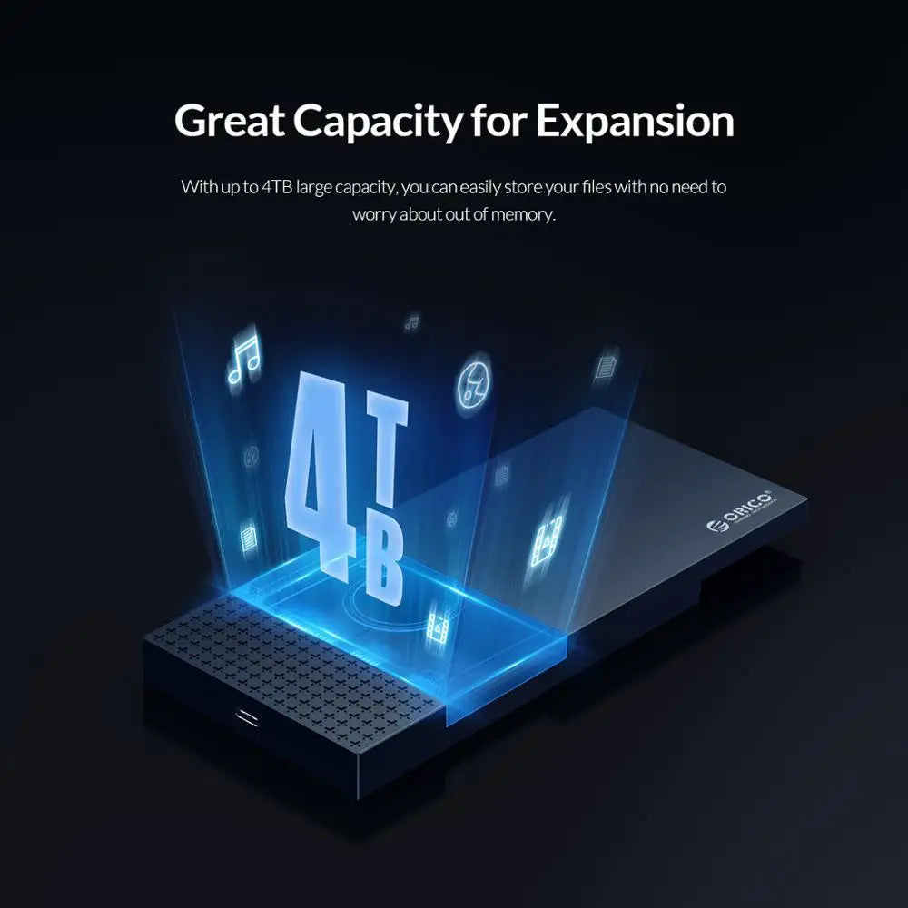 A close-up view of a 4TB external hard drive enclosure with blue light effects, demonstrating great capacity for expansion.