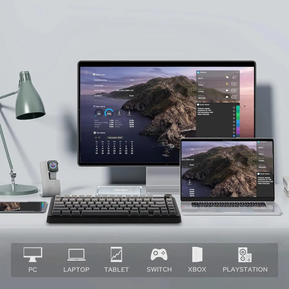 A mechanical keyboard with a TFT display is shown in front of a laptop displaying a landscape.