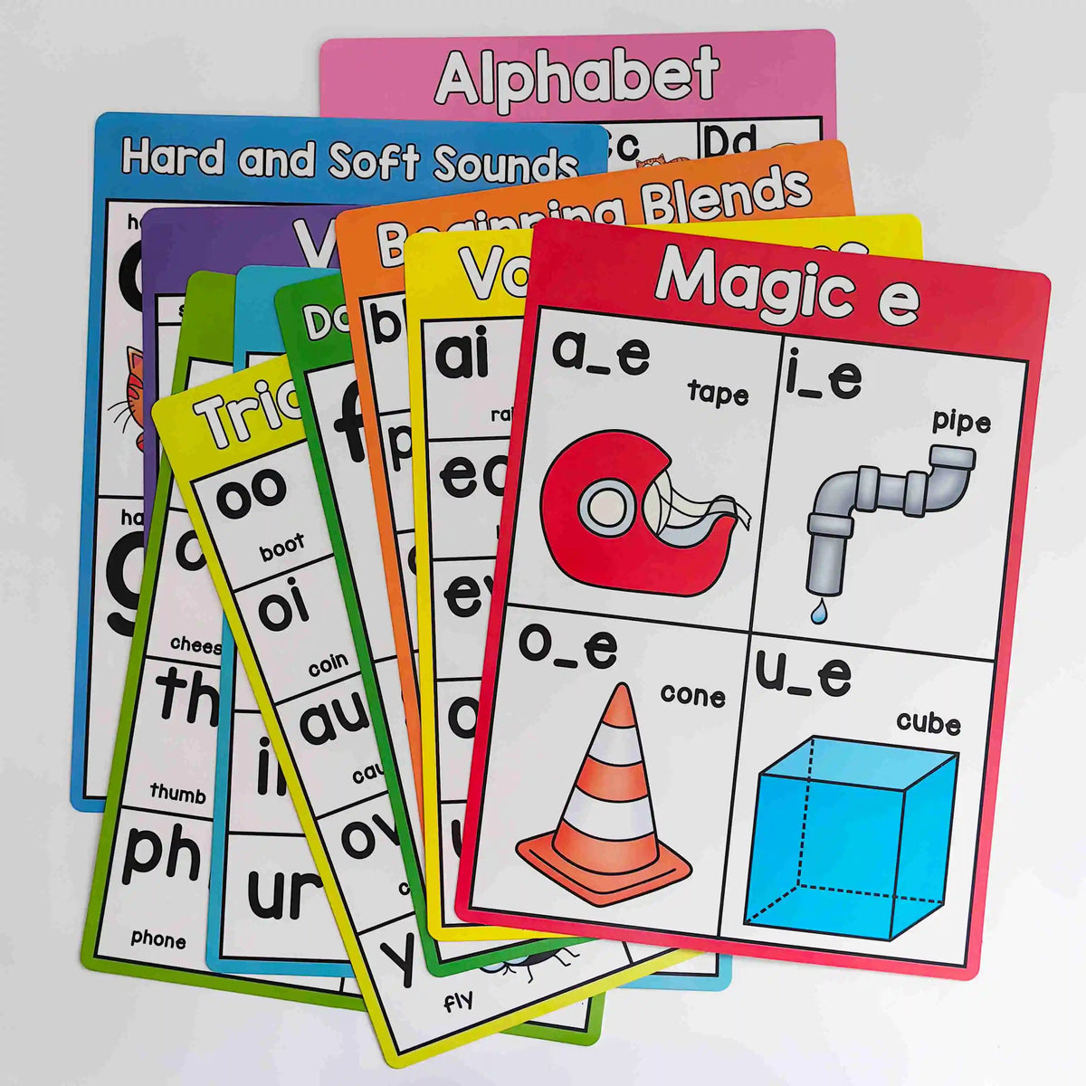 A colorful set of alphabet and sound cards for phonics teaching aids