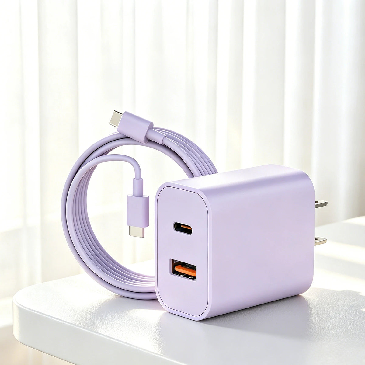 A purple dual-port USB-C fast charging cable with a rectangular adapter plugged into a white surface.
