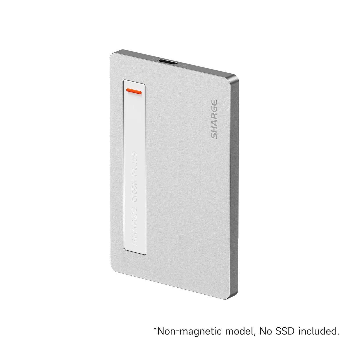 Silberne tragbare NVMe SSD-Gehäuse mit orangefarbener Taste und der Aufschrift SHARGE