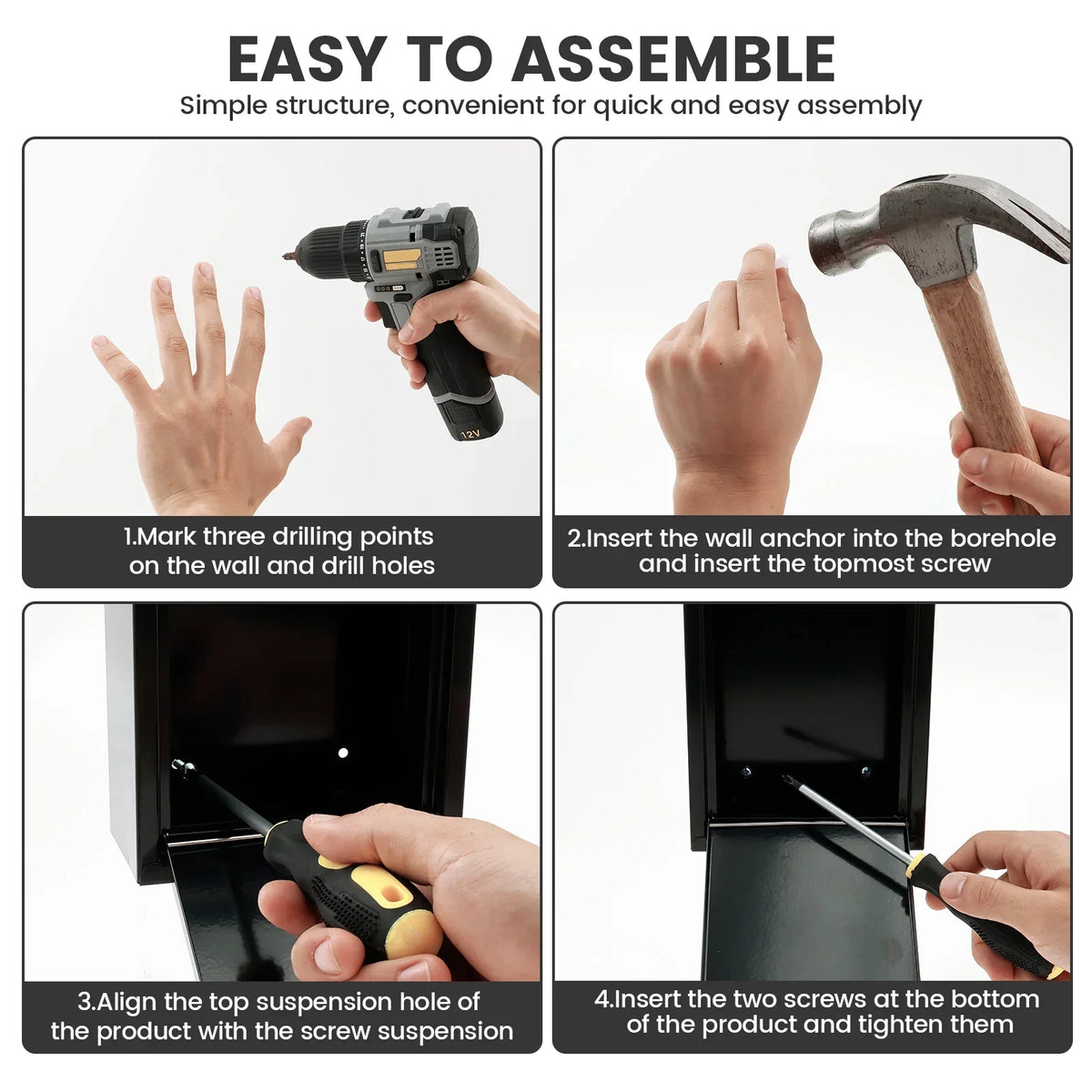 Instructions for assembling a secure wall-mounted metal drop box with lock and key.
