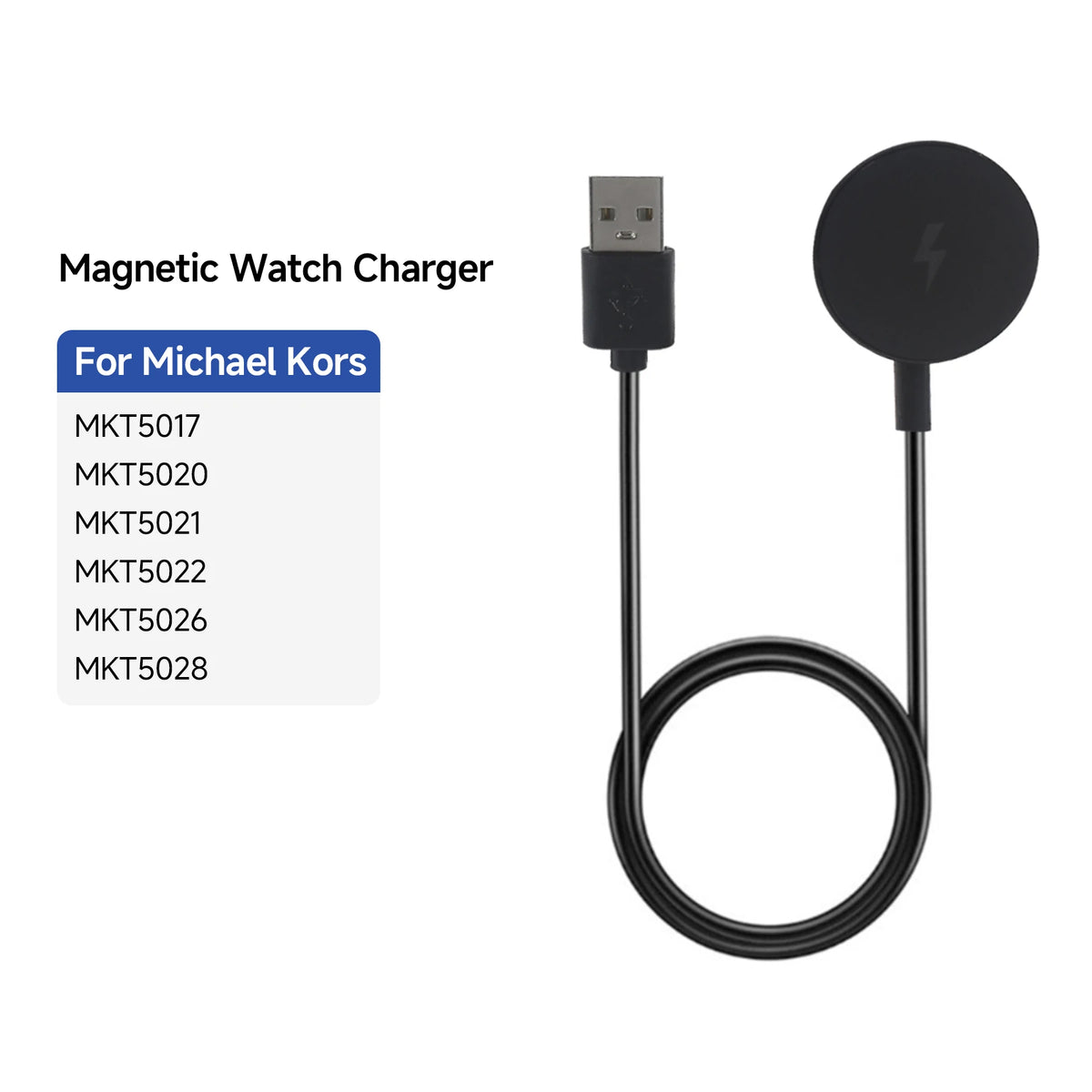 A black magnetic watch charger cable with a USB connector and a circular charging head.