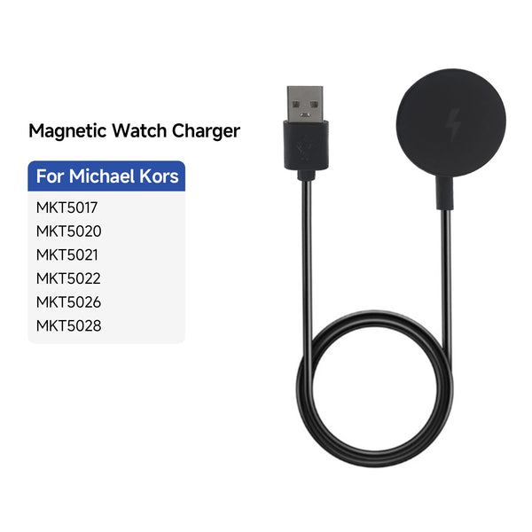 A black magnetic watch charger cable with a USB connector and a circular charging head.