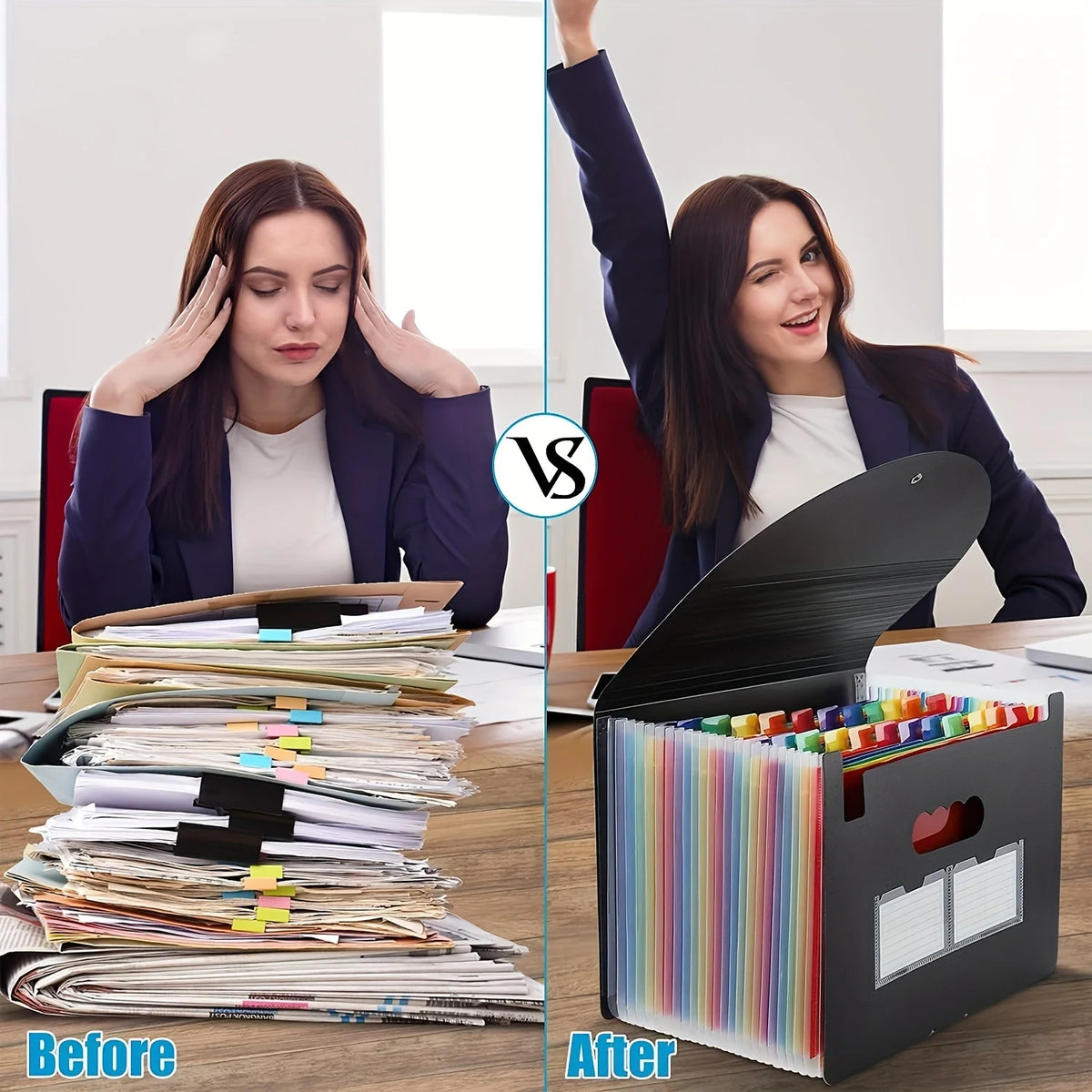 Comparación antes y después de un organizador de carpetas acordeón expansible mostrando documentos ordenados.