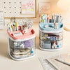 A clear acrylic desktop pen holder with compartments for pens and pencils, featuring cute animal figures.