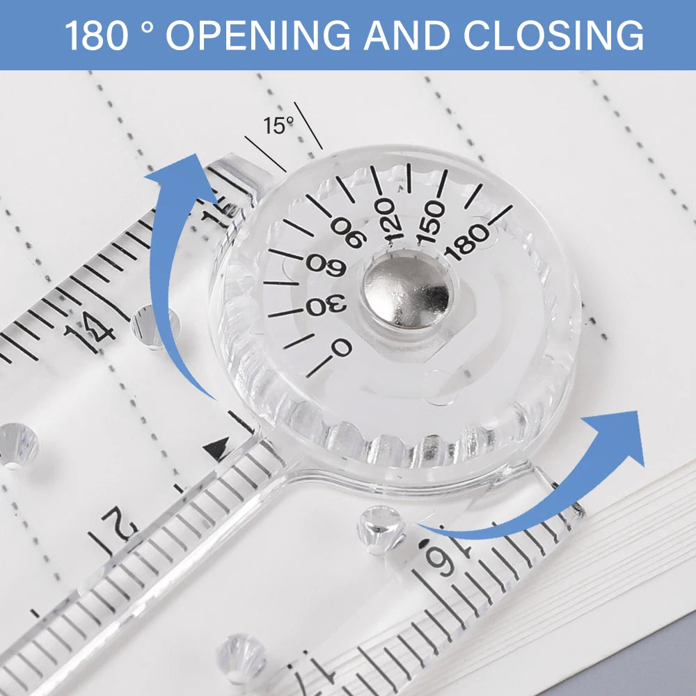A clear acrylic geometry ruler with 180 degree opening and closing features is shown against a white background.