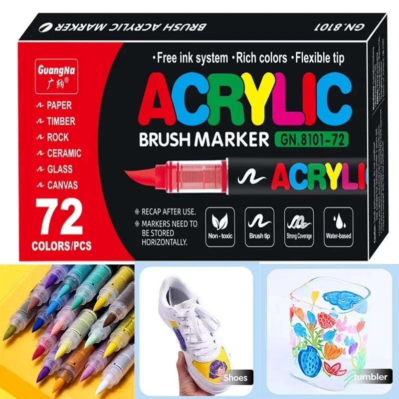 Box of 72 acrylic brush markers with various colors and tips for crafting and art projects
