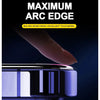 Close-up of a finger touching the edge of a premium tempered glass screen protector, highlighting its finish and feel.
