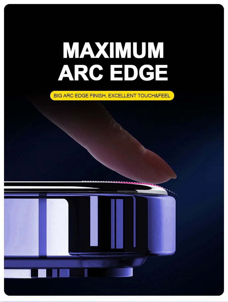 Close-up of a finger touching the edge of a premium tempered glass screen protector, highlighting its finish and feel.