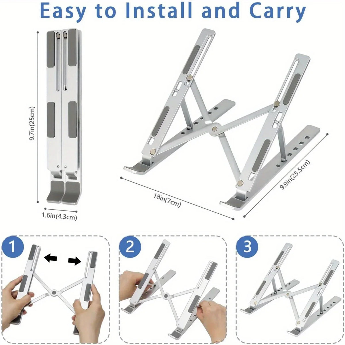 Three steps showing how to install and carry an adjustable aluminum laptop stand.