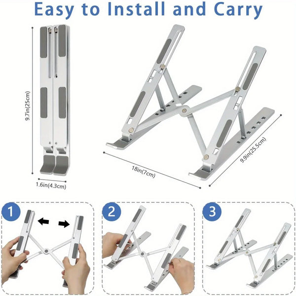 Three steps showing how to install and carry an adjustable aluminum laptop stand.