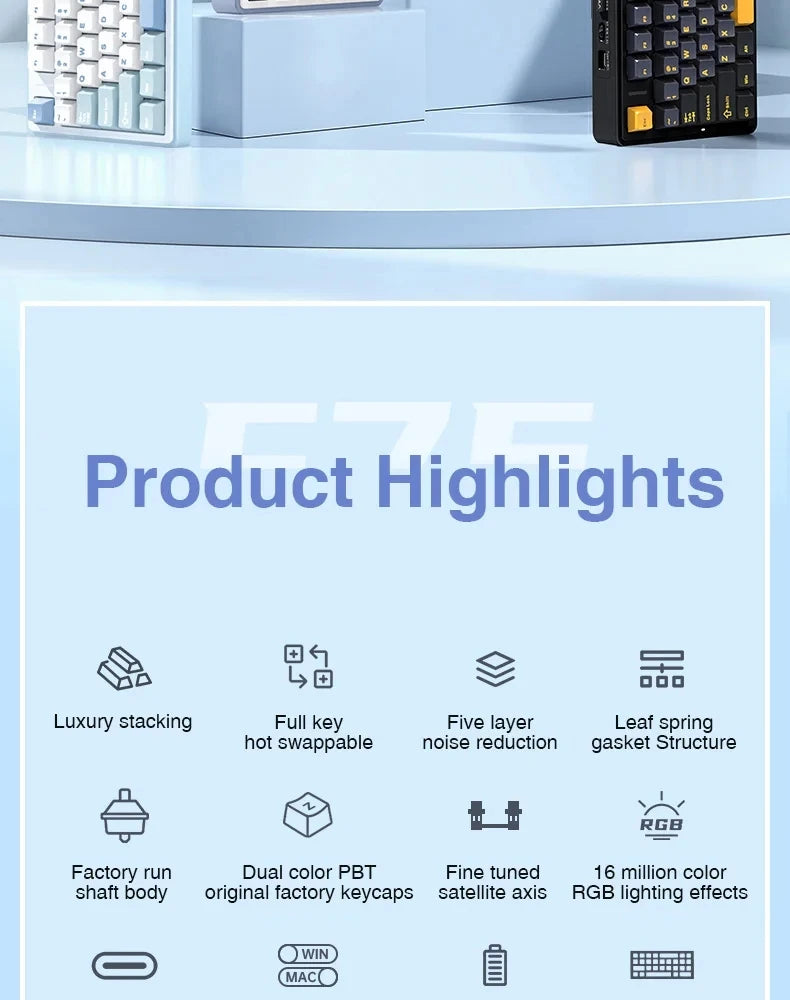 Product highlights for the AULA F75 75% Wireless Mechanical Gaming Keyboard featuring luxury stacking, hot-swappable switches