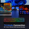 A black mechanical keyboard with RGB lighting is shown alongside a laptop and tablet displaying various interfaces.