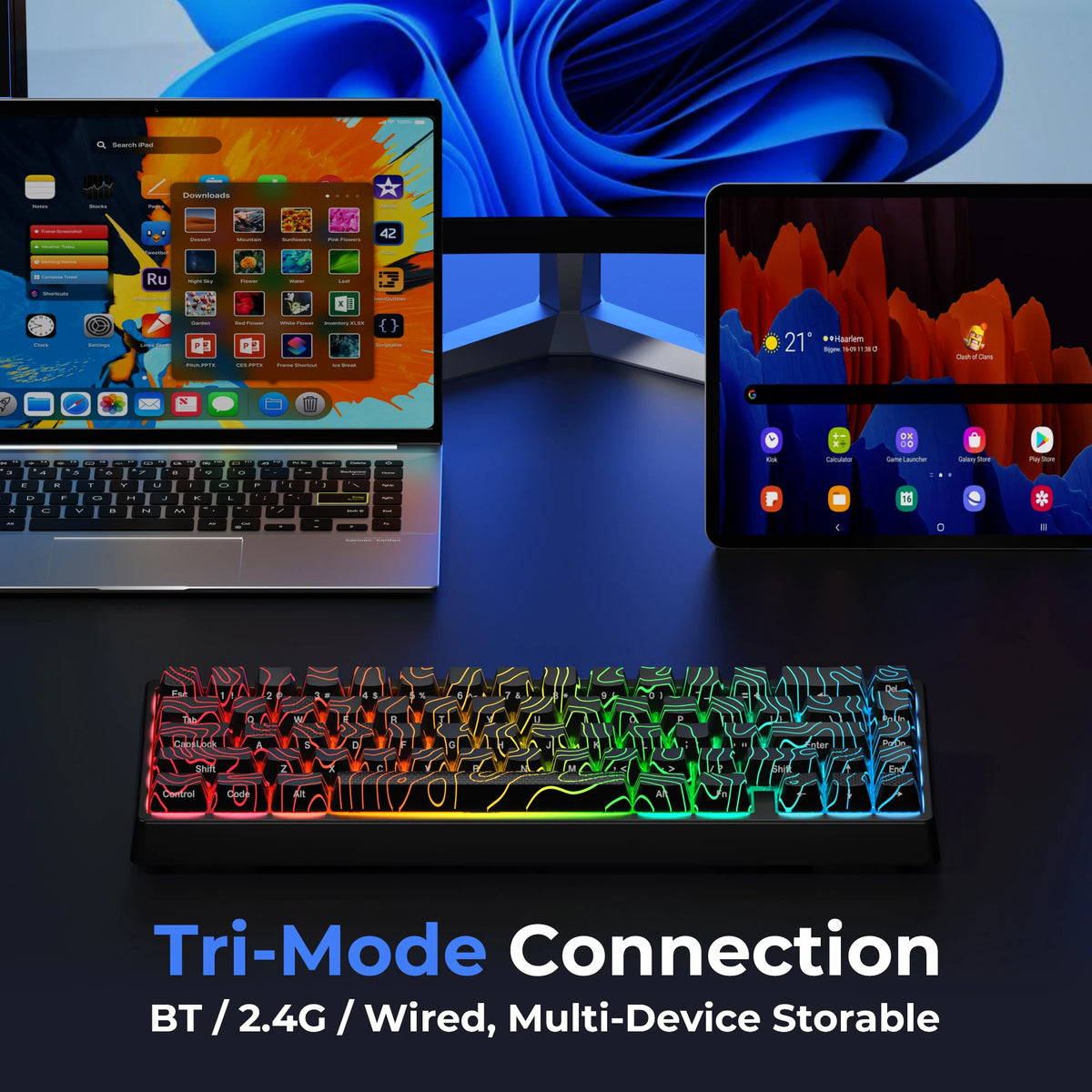 A black mechanical keyboard with RGB lighting is shown alongside a laptop and tablet displaying various interfaces.