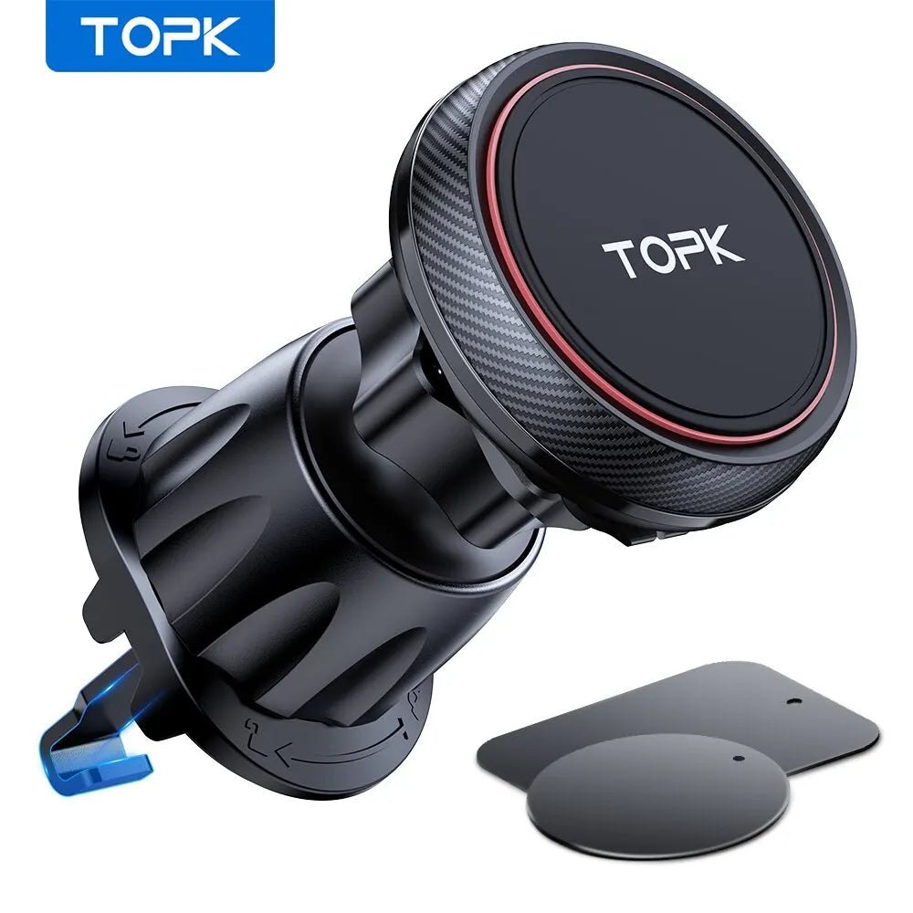 A black magnetic car phone mount with a textured finish and a flat mounting plate is shown.