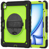 A lime green heavy duty shockproof iPad case with a built-in screen protector and accessories.