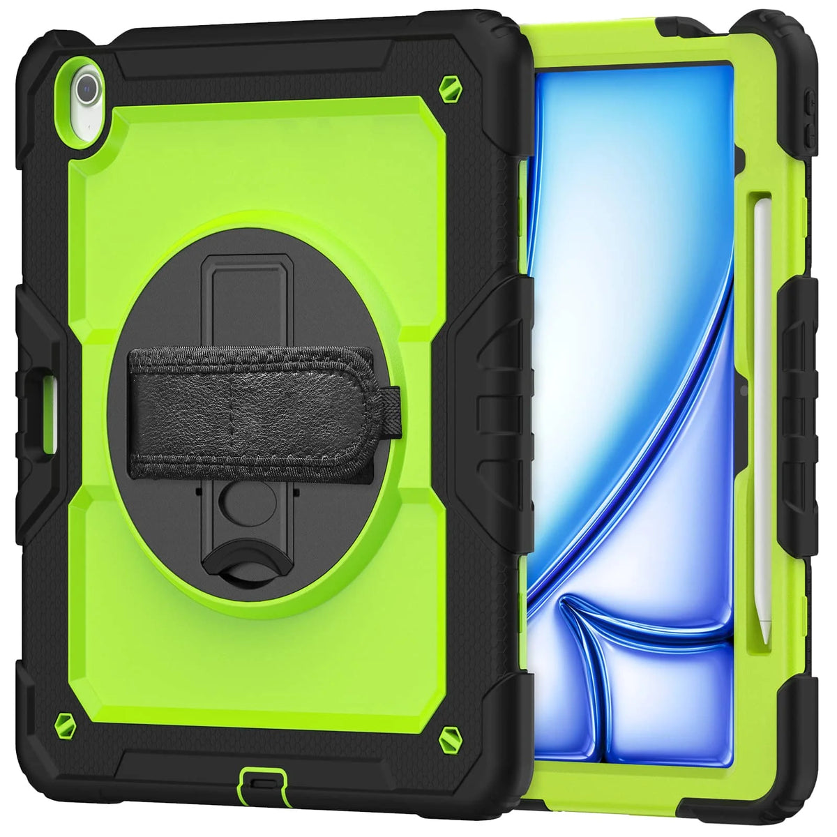 A lime green heavy duty shockproof iPad case with a built-in screen protector and accessories.
