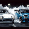 Two blue and silver JDM sports cars racing on a track, kicking up white smoke.