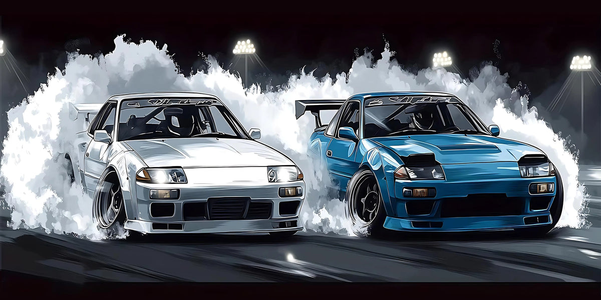 Two blue and silver JDM sports cars racing on a track, kicking up white smoke.