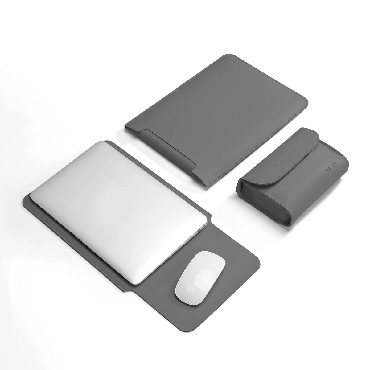 Graue Premium-PU-Laptophülle mit weißem Laptop und Schutzcover