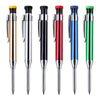 A set of six metal carpenter pencils with built-in sharpener caps in various colors including gold, silver, black, red, blue,