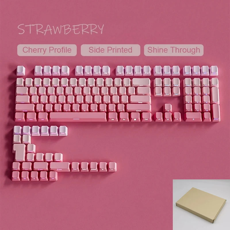 A pink strawberry themed keycap set featuring cherry profile and shine through designs for a mechanical keyboard