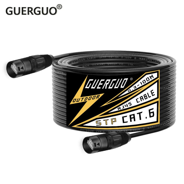 Black shielded CAT5/CAT6 Ethernet extension cable coiled for outdoor use