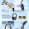 A set of black wireless over-ear headphones shown with various features and accessories.