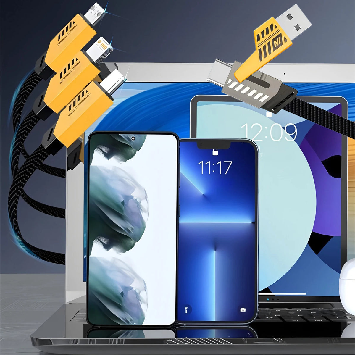 A laptop is shown with a 3-in-1 multi-USB fast charging cable connecting to two smartphones.
