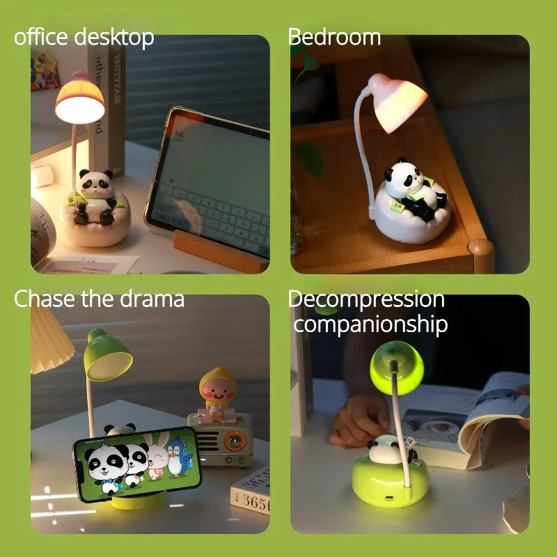 Four images showing a panda LED desk lamp with a mobile phone holder in different contexts: office desktop, bedroom, and deco