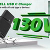 A black 130W USB-C charger is shown with text indicating compatibility with all USB Type-C devices.