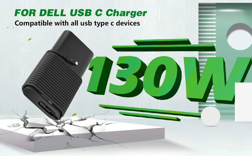 A black 130W USB-C charger is shown with text indicating compatibility with all USB Type-C devices.