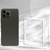 A dark gray smartphone next to a clear rectangular glass box, showing the dimensions of the box.
