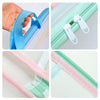 Close-up views of a transparent mesh file bag with double zippers in blue, green, and pink colors.