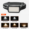 A black LED headlamp with multiple lighting modes shown in various light conditions.