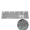 A close-up view of a gray 104-key mechanical keyboard keycap set with various function and letter keys.