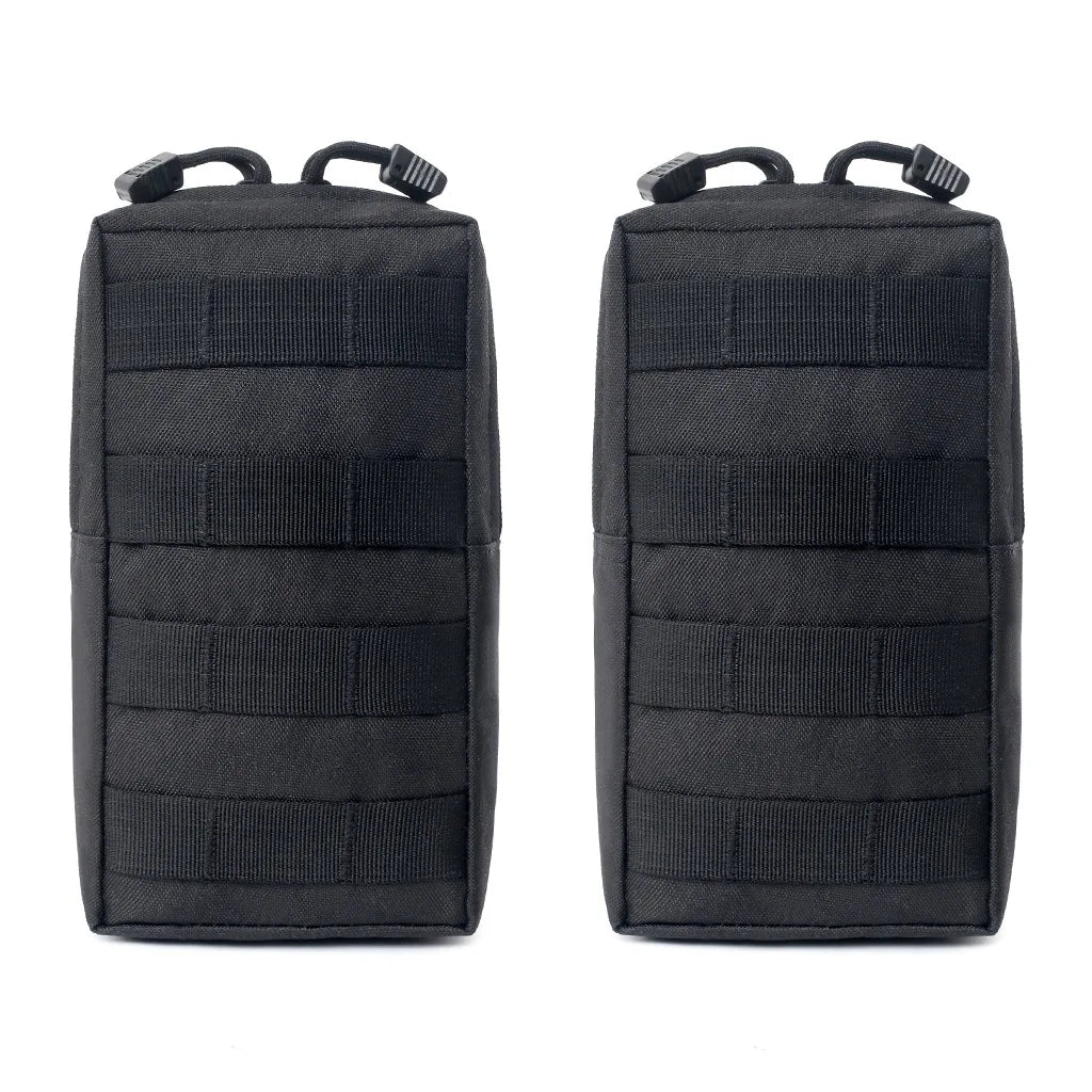 A pair of black tactical MOLLE utility pouches with adjustable straps.