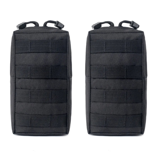 A pair of black tactical MOLLE utility pouches with adjustable straps.