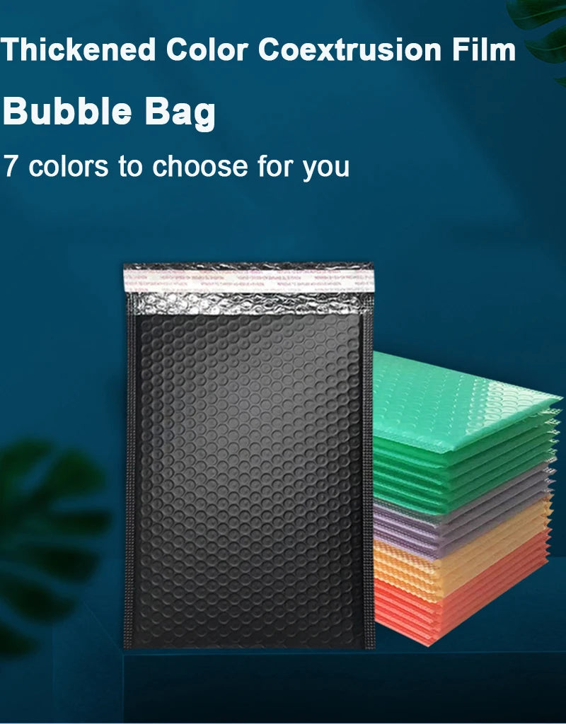 A stack of black thickened color coextrusion film bubble bags in various shades of green, purple, and orange.