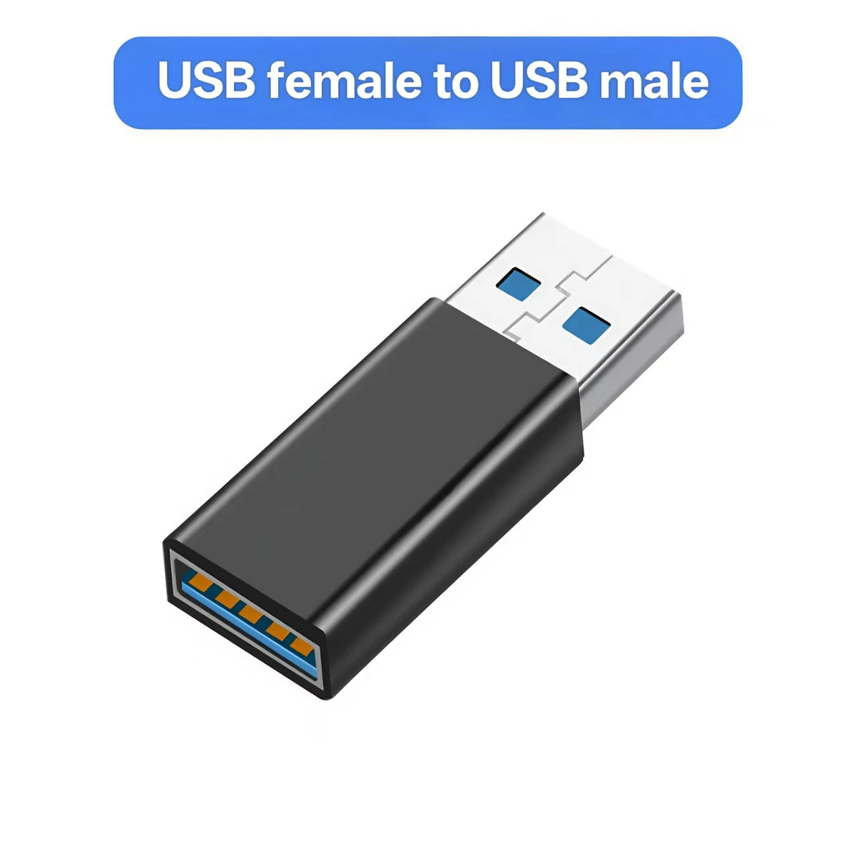 A black USB female to USB male adapter for data transfer and charging.