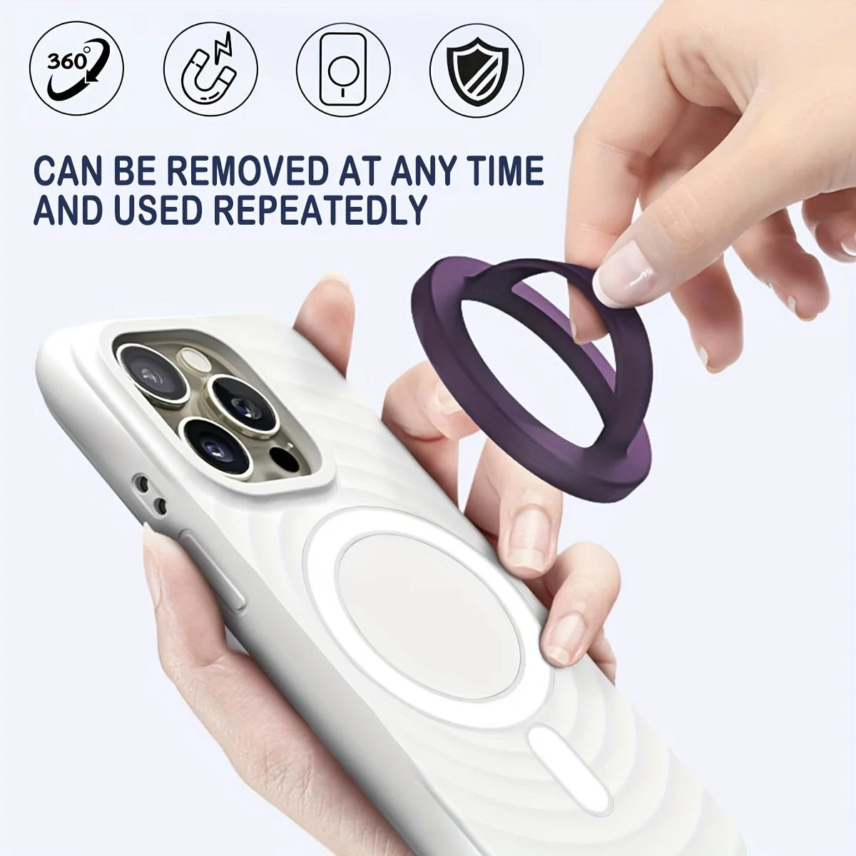 A hand holds a white smartphone with a magnetic silicone grip and foldable stand, demonstrating its removable and reusable fe