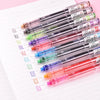 A collection of precision rollerball gel pens in various colors and finishes arranged on lined paper.
