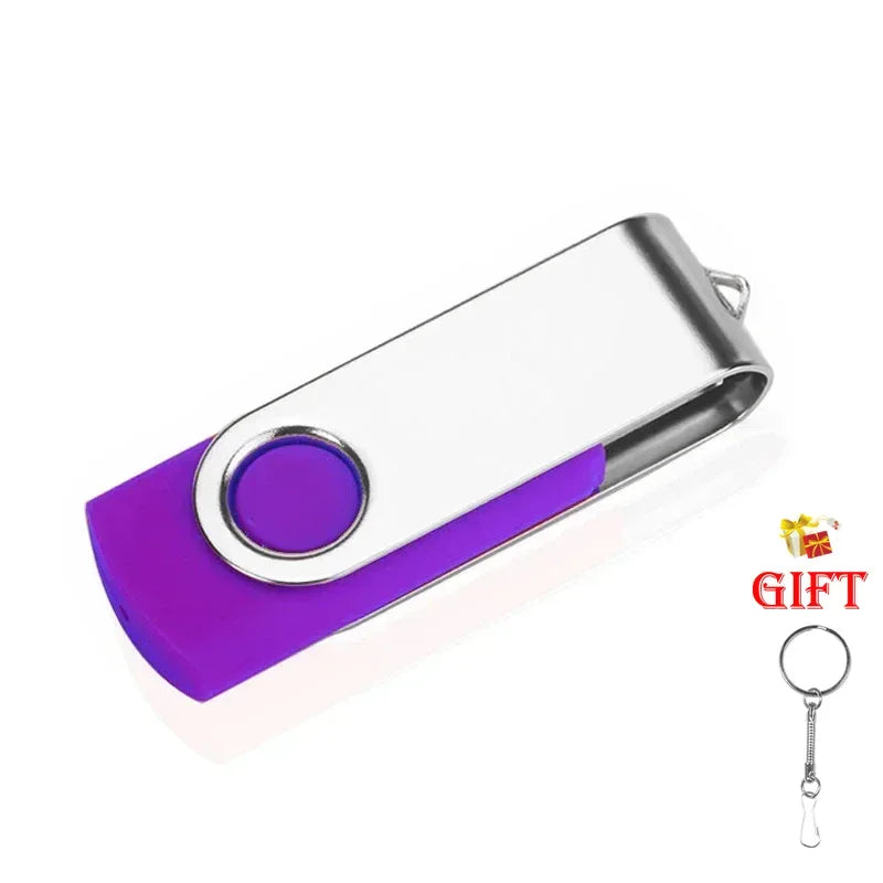 Silver metal USB 2.0 flash drive with a purple silicone grip and keyring attachment