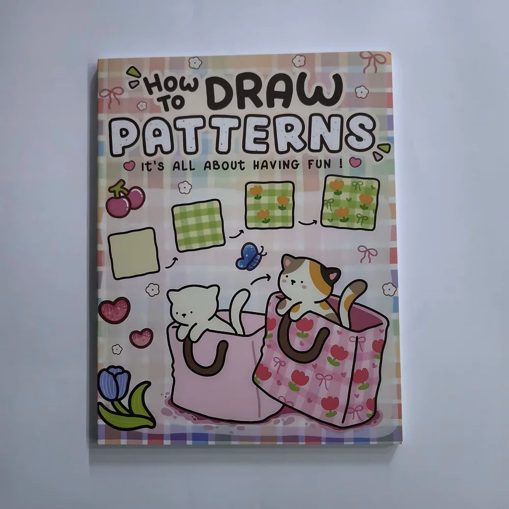 A colorful book titled How to Draw Patterns featuring illustrations of various patterns and cute animals.