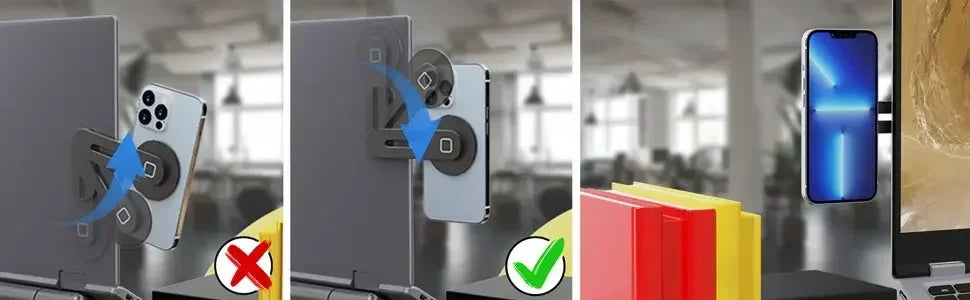 Magnetic phone holder device demonstrating attachment to a laptop and monitor.