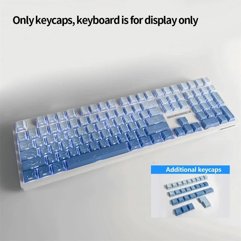 A white keyboard layout showing only blue keycaps, with additional keycaps displayed below.