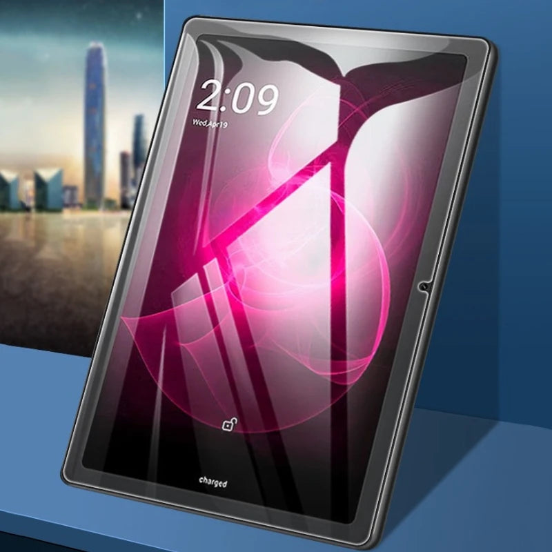Tablet mit Displayschutzfolie und digitaler Uhr, die 2:09 anzeigt und den Ladezustand anzeigt.