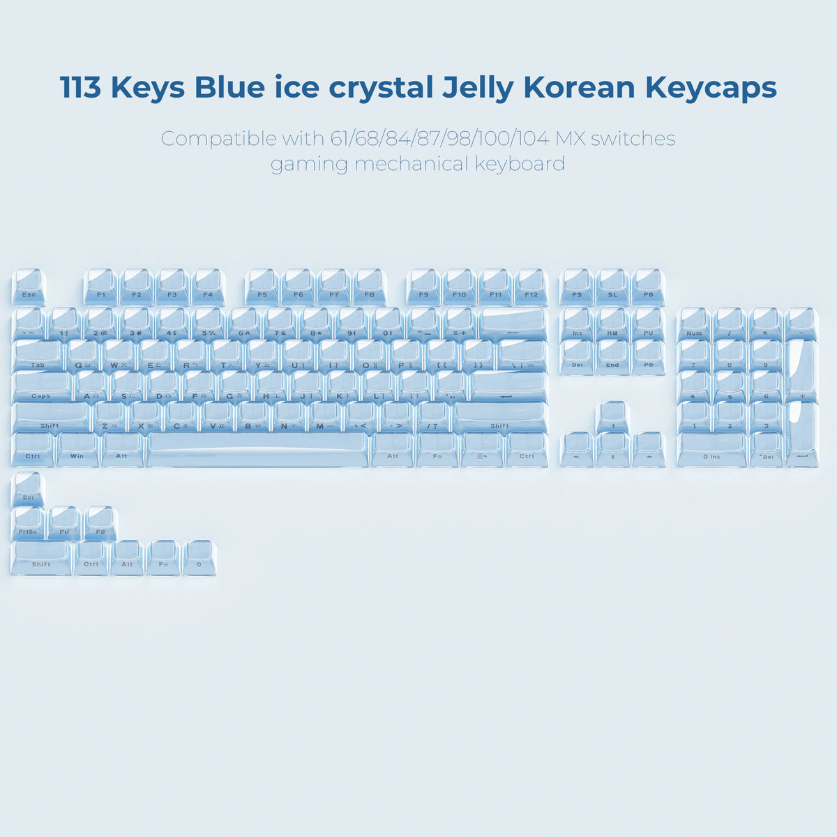 A collection of 113 blue ice crystal jelly Korean keycaps for mechanical keyboards.